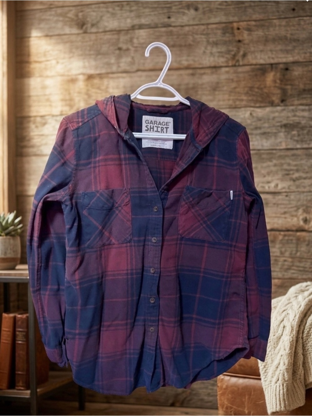 Garage Burgundy & Navy Plaid Hooded Button-Down Shirt Boyfriend Fit